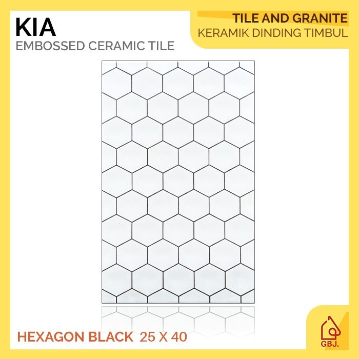 KERAMIK KIA 25 X 40 HEXAGON BLACK / KERAMIK DINDING HIAS MOTIF HEXAGON TIMBUL GLOSSY