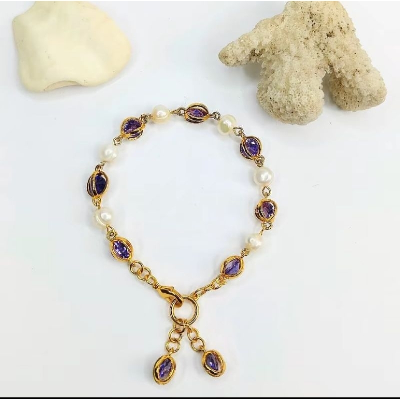 Gelang mutiara mix lentera permata ungu