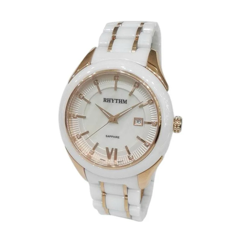 Jam Tangan Pria Original Rhythm Japan (C1404T03) White Gold Ceramic water resistance
