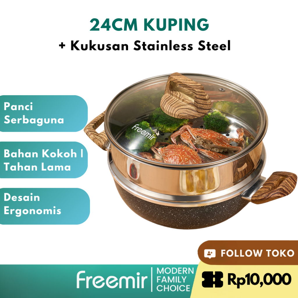 [SPECIAL] freemir 2in1 Wajan Panci Kuping 24 Cm Anti Lengket + Kukusan Steamer Stainless Steel