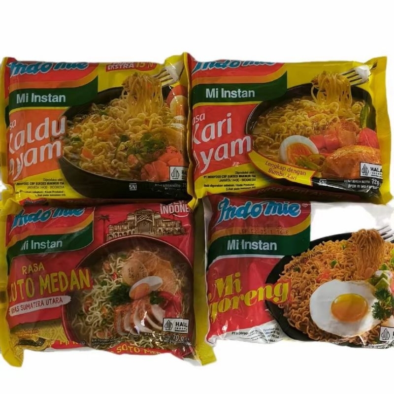 

indomie aneka rasa. goreng, soto medan, kari ayam, kaldu ayam