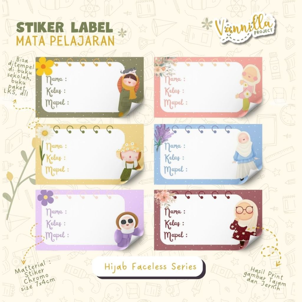 

40 PCS STIKER MATA PELAJARAN STIKER LABEL NAMA SEKOLAH CUTE HIJAB