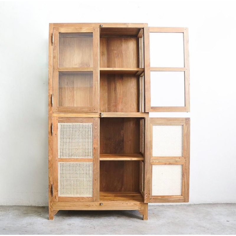 TukangKayoe Lemari Pajangan Rotan & Kaca Minimalis – Lemari Vintage Kayu Jati 2 Pintu
