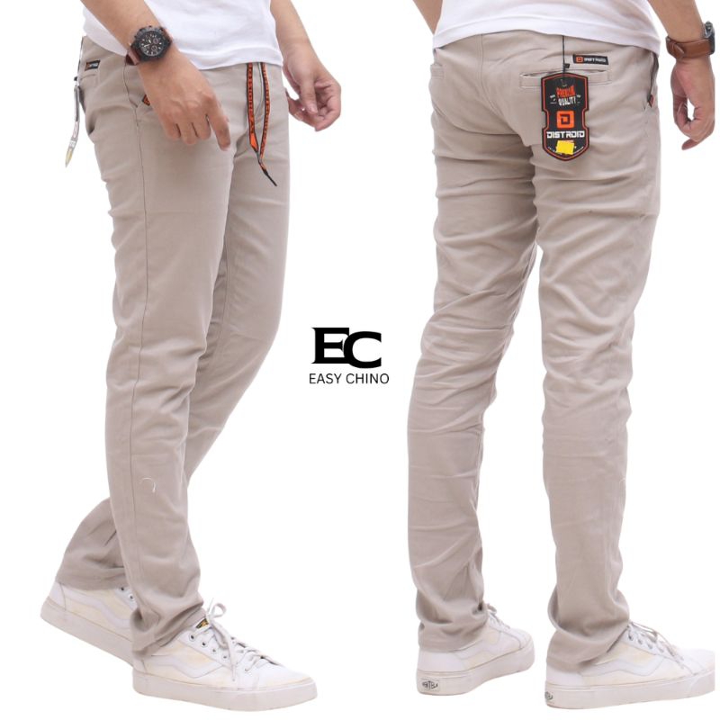 Celana Chino Pria Slim Fit Stretch - Pinggang Karet - Cream