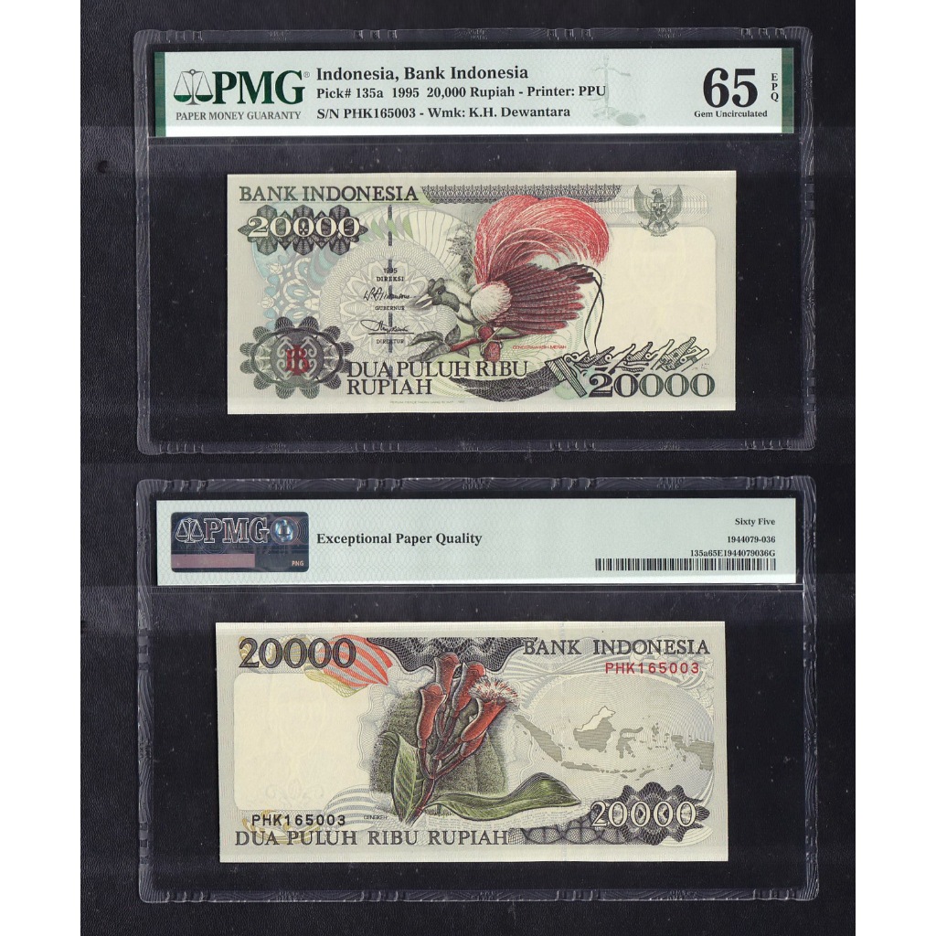 Uang kuno PMG 65 EPQ - 20000 rupiah tahun 1995 "Cenderawasih Merah ... S/N PHK165003