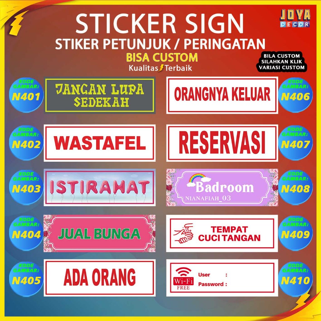

Sticker Stiker Petunjuk Warning Pengumuman jual bunga ruang tindakan free wifi ada orang N401