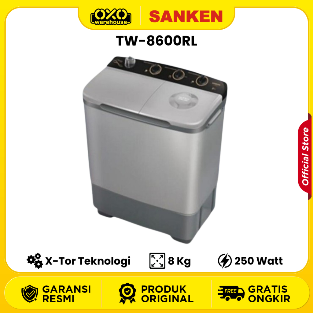 SANKEN Mesin Cuci TW-8600RL 2 Tabung Kapasitas 8Kg X-Tor Teknologi Low Watt Garansi Resmi