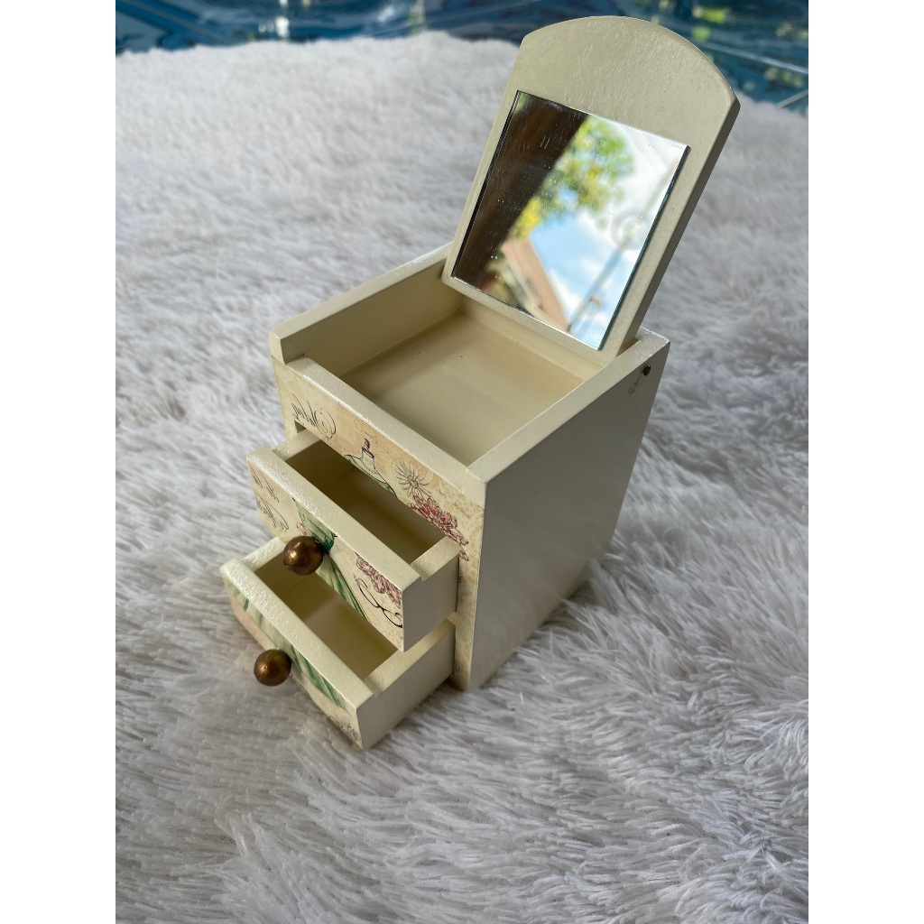 Mini Meja Rias Kayu Vintage dengan Laci dan Cermin Lipat