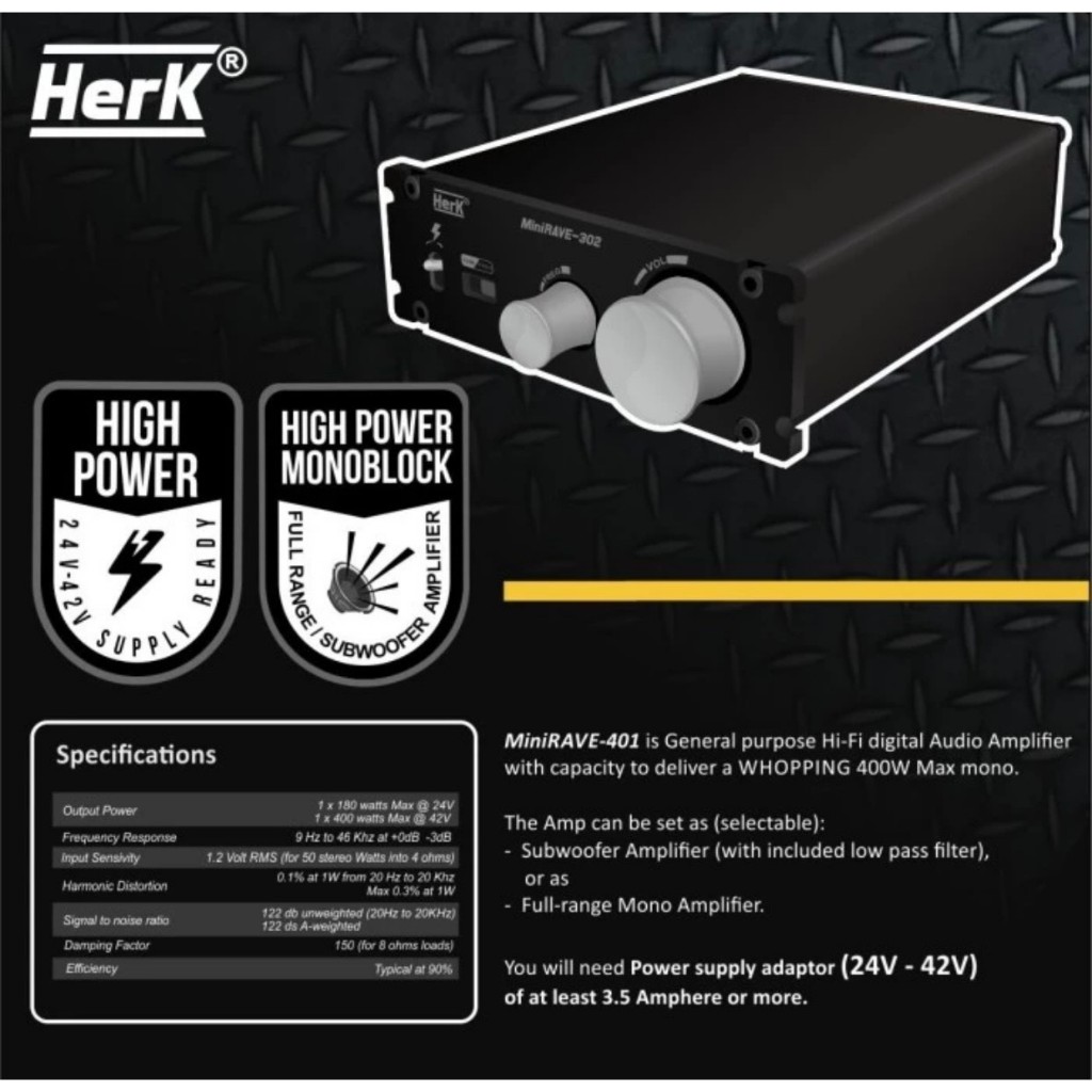 KIT AMPLIFIER AMPLI MINI SUBWOOFER 400W MONO MINIRAVE 401 HERK