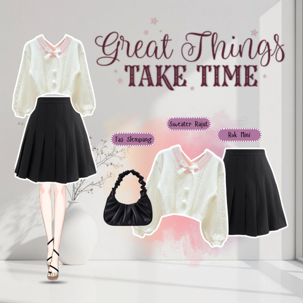 Ootd Wanita Kekinian {Sweater Rajut Putih Pita+Rok Katun Hitam+Tas Slempang PU} UW0021