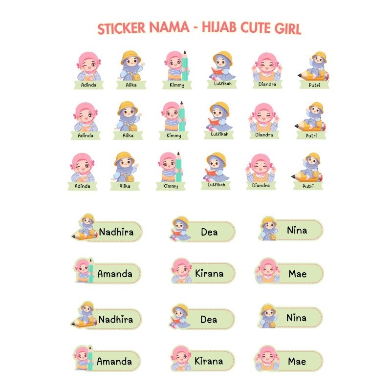 

STICKER NAMA CUSTOM WATERPROOF - HIJAB CUTE GIRL 30 pcs/STICKER NAMA ANAK CUSTOM/LABEL NAMA ANAK CUSTOM