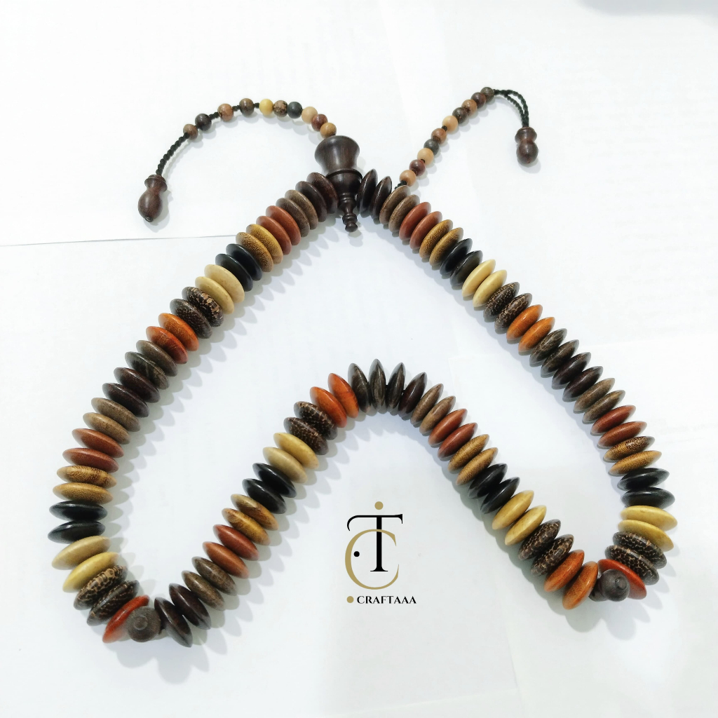 Tasbih Kombinasi 9 Macam Kayu Bertuah Isi 100 Butir Model Pipih