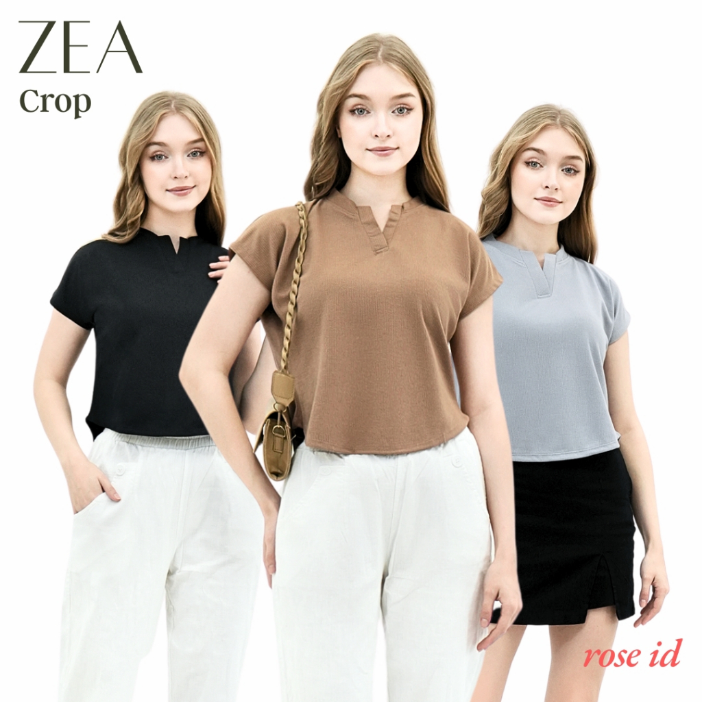Rose Zea Crop Top Knit Lengan Pendek – Kaos Atasan Wanita Kekinian Casual Elegan Nyaman