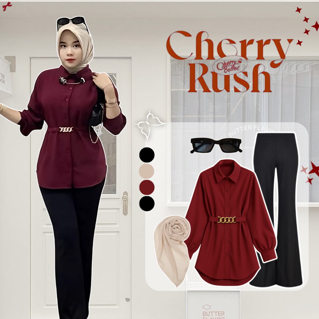 One Set Old Money Outfit Wanita Kekinian (Kemeja Maroon + Celana Cutbray +Hijab)OOTD Style RC0010014