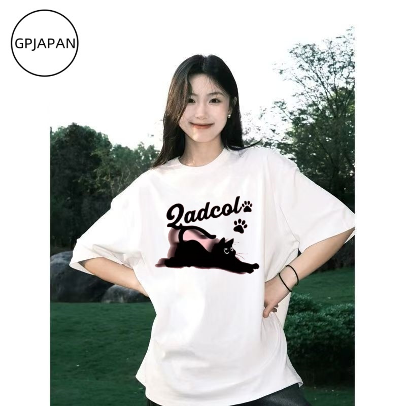 Kaos Wanita Musim Panas Katun Murni Motif Kucing Hitam GP Jepang Pembelian