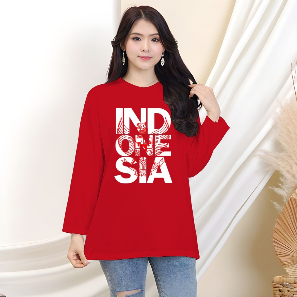 Kaos/Baju Kaos/Kaos Oblong Oversize Lengan Panjang Wanita/Kaos Garuda Merah Putih Indonesia