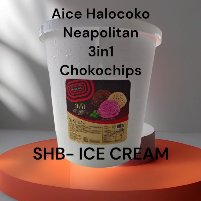 

ICE CREAM AICE NEW HALOCOKO NEOPOLITAN 3 RASA 8 LITER ( CHOKOCHIPS)