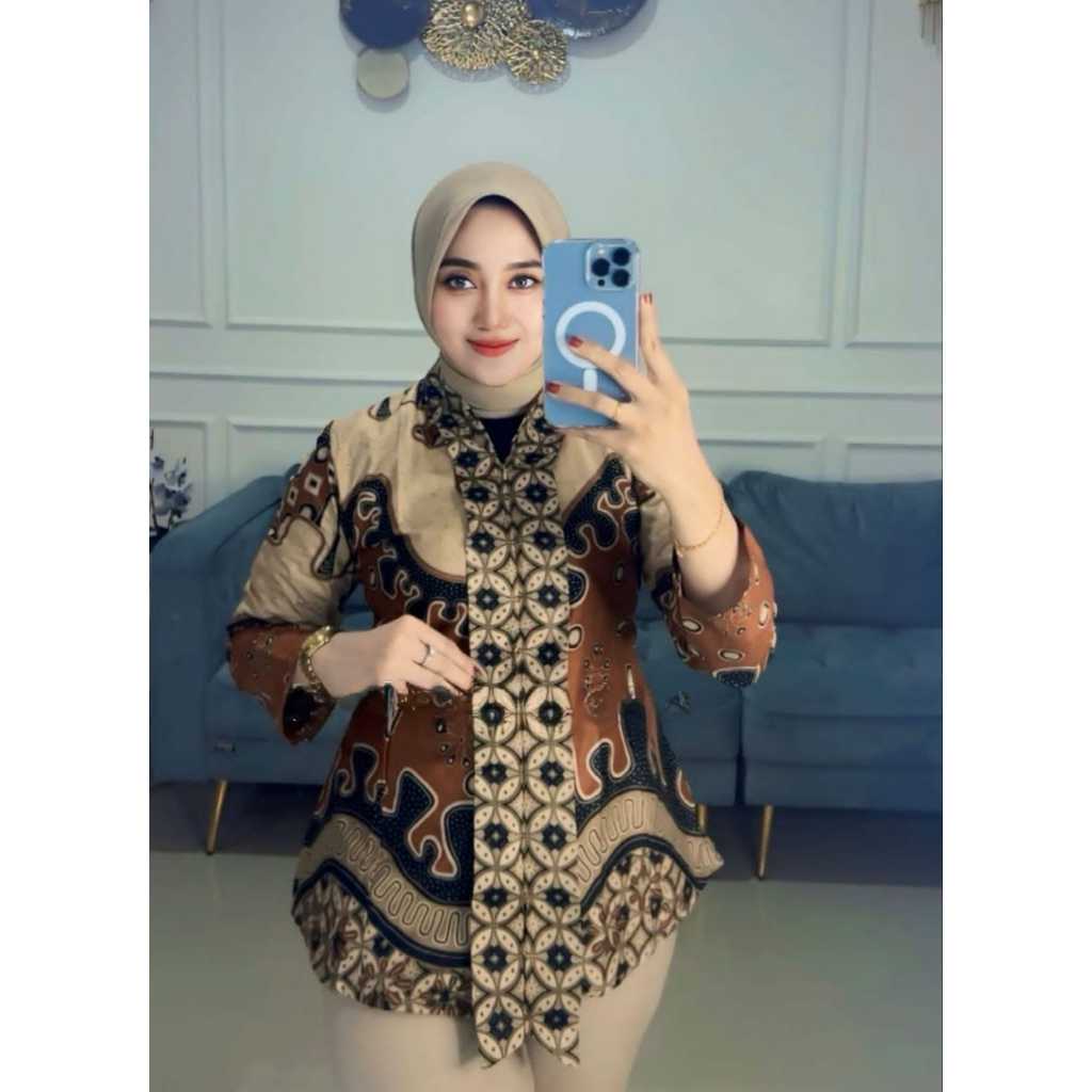 Kebaya Batik Wanita Modern Lengan Panjang Puffy Blouse Batik Baju Kerja Wanita Modern