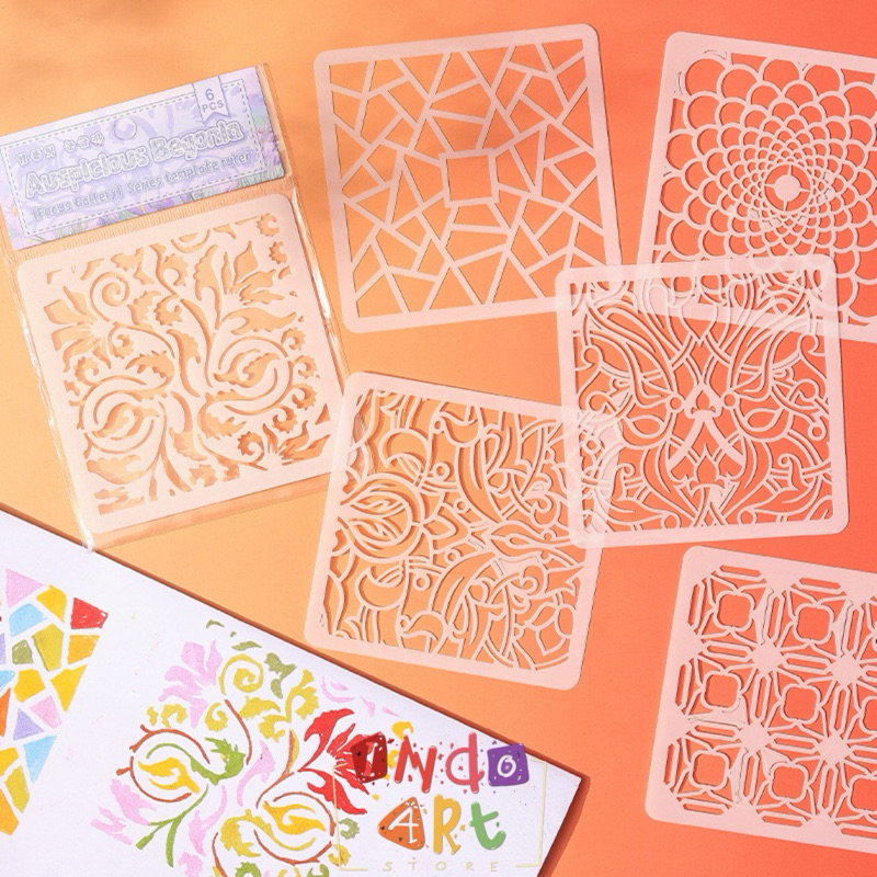 

(IAS) 6 pcs Cetakan PET Plastik Stencil Set Stensil Gambar Craft Lukisan Motif Tribal Abstrak Cake Flower Rose Retro Building Vintage