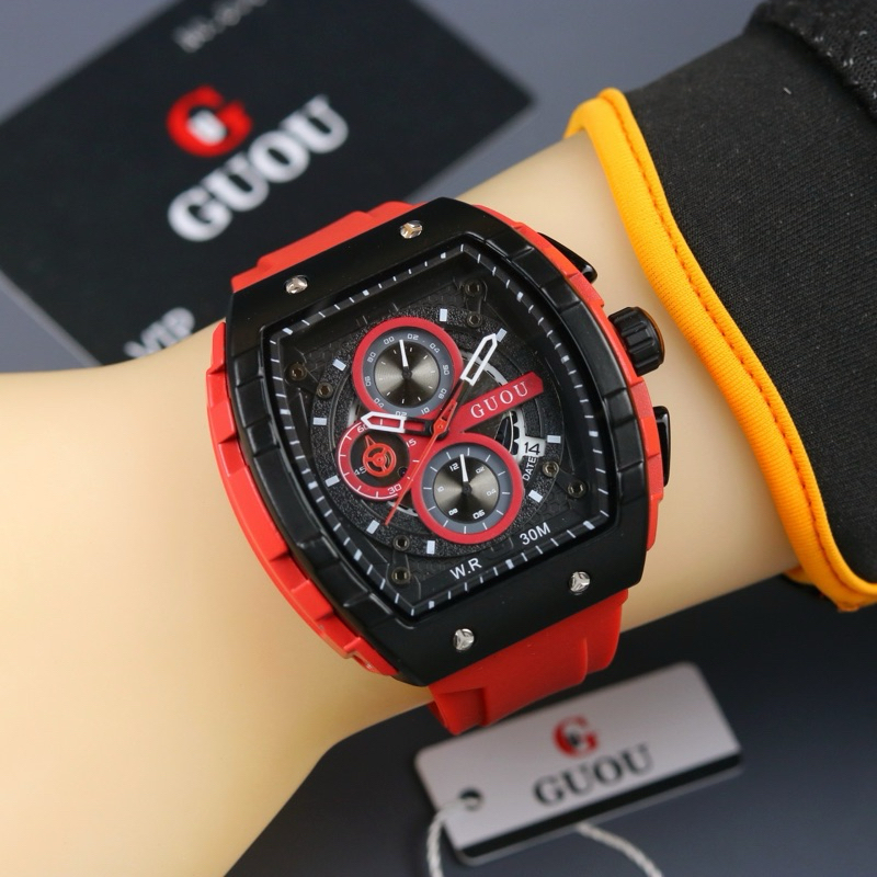 CHRONO ON - Ori Jam Tangan Pria Guou 5308M Silicon Strap Free Box Set