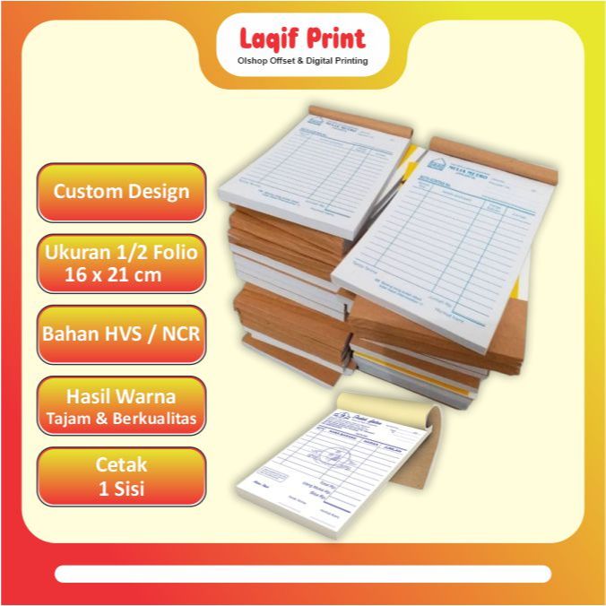 

Nota ukuran 1/2 folio 1, 2, 3 Ply untuk nota bengkel, nota toko sembako, nota agen jajan, nota percetakan, nota penjualan, nota konter, nota laundry
