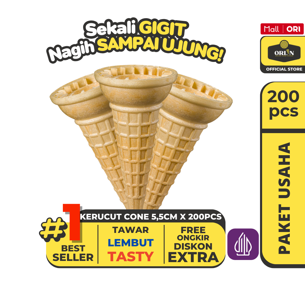 

ORLIN Paket Usaha Wafer Cup Cone Kerucut 5,5cm x 12cm Isi 200pcs Sekali Gigit, Nagih Sampai Ujung