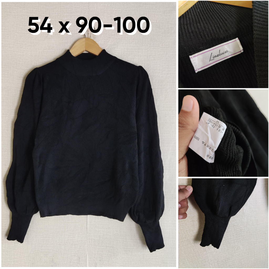 Sweater Linoluce Hitam Size M Wanita Atasan Cewek Outer Knit Lengan Bal0n Tebal Ringan ZX282