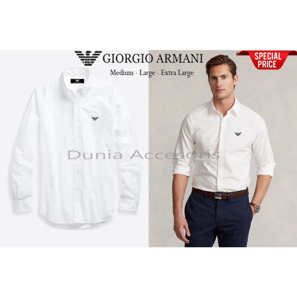 Giorgio Armani Putih Kemeja Pria Lengan Panjang Slimfit Twill Bahan Berkualitas