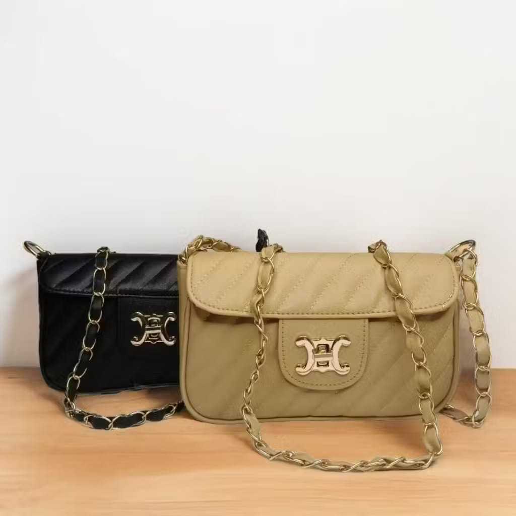 Tas Tangan RANTAI  SELEPMANG Hitam dan Kuningan TAS WANITA KEKINIAN TRENDI