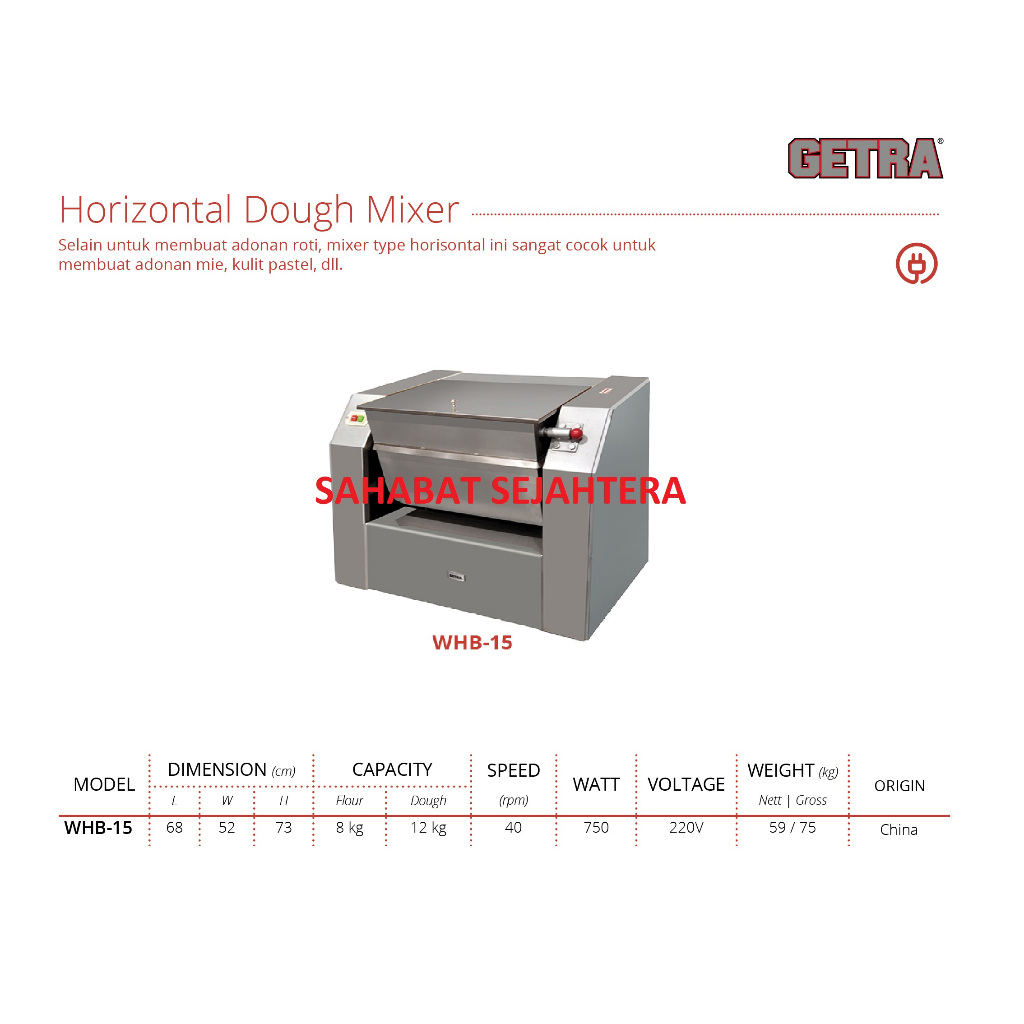 Horizontal Dough Mixer Adonan Roti WHB-15 | Mesin Pengaduk Adonan Kental Heavy Duty