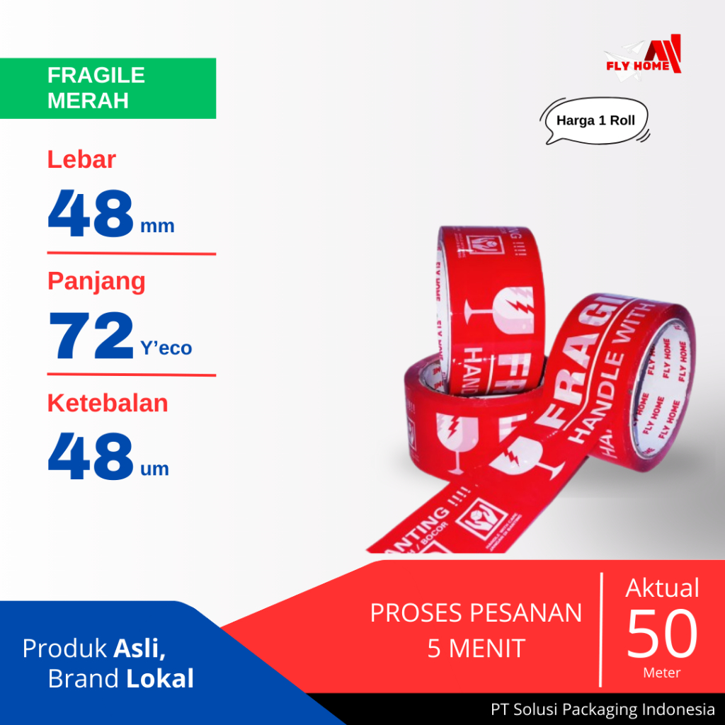 

FLYHOME Fragile merah 72yard 48mm x 72yard 1 roll 2inchi lakban Fragile 72 yard ECO