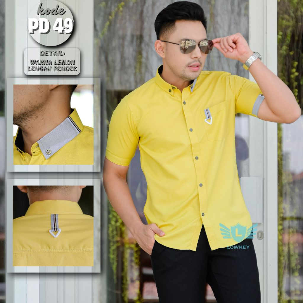 Kemeja Pria Slimfit Lowkey Premium PD 49 Kuning Lemon | Hem Atasan Kemeja Baju Laki-laki/Cowok Slimf