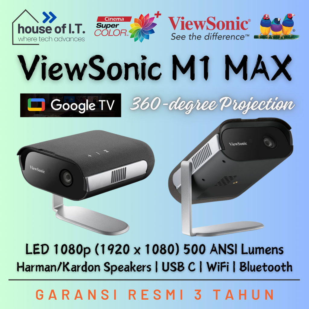 Proyektor Portable ViewSonic M1 MAX Google TV LED FHD 1080p - USB C WiFi Bluetooth - Mini Home Proje