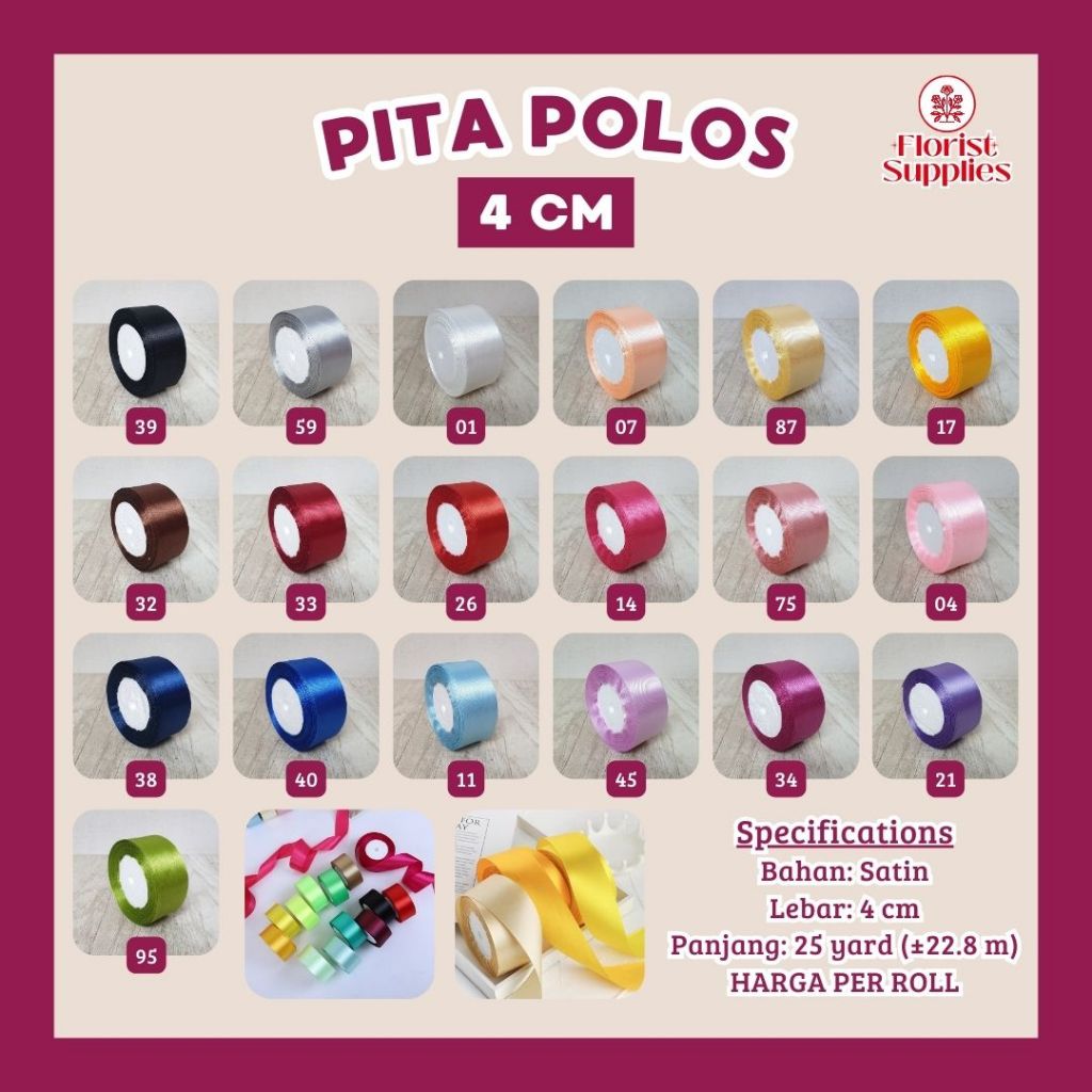 

[PER ROLL] - Pita Satin Polos 4 CM Sateen Silk Ribbon Pita Kado Aksesoris Hiasan Buket Bunga
