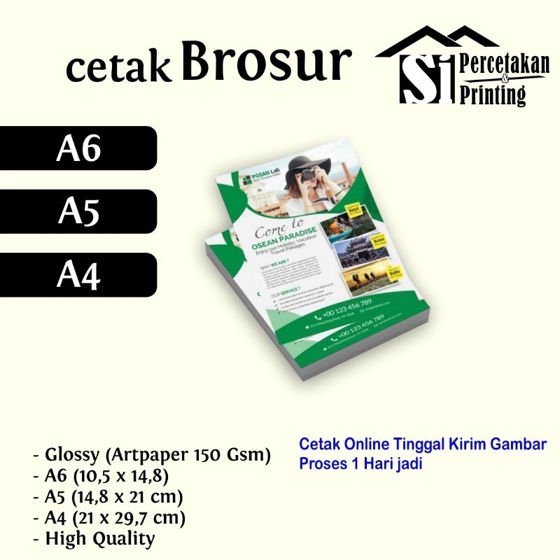 Cetak Brosur Satuan Cepat 1 Hari Jadi, ukuran A6 A5 A4