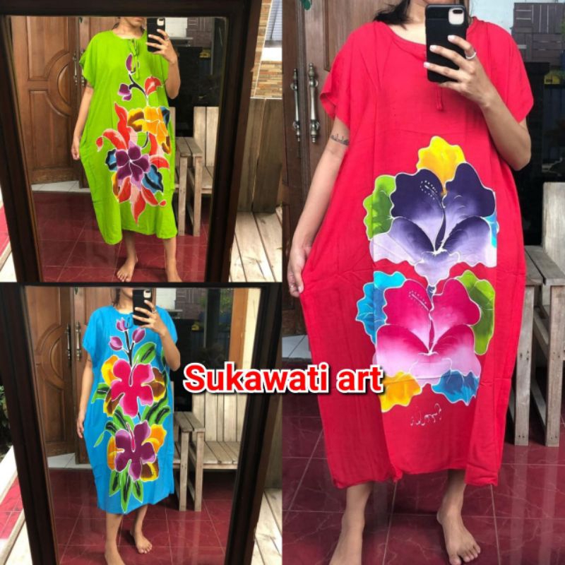 Daster Kaftan Lukis Bali Jumbo Daster Bali Lukis Bunga Dress Kelelawar Khas Bali