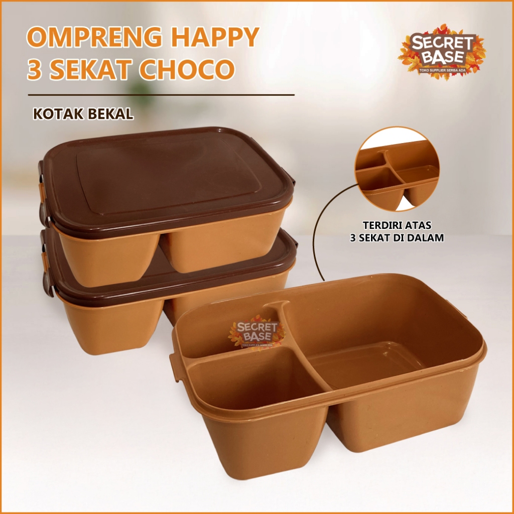 OMPRENG HAPPY 3 SEKAT CHOCO - Ompreng Kotak Makan / Kotak Bekal / Lunch box Sekat
