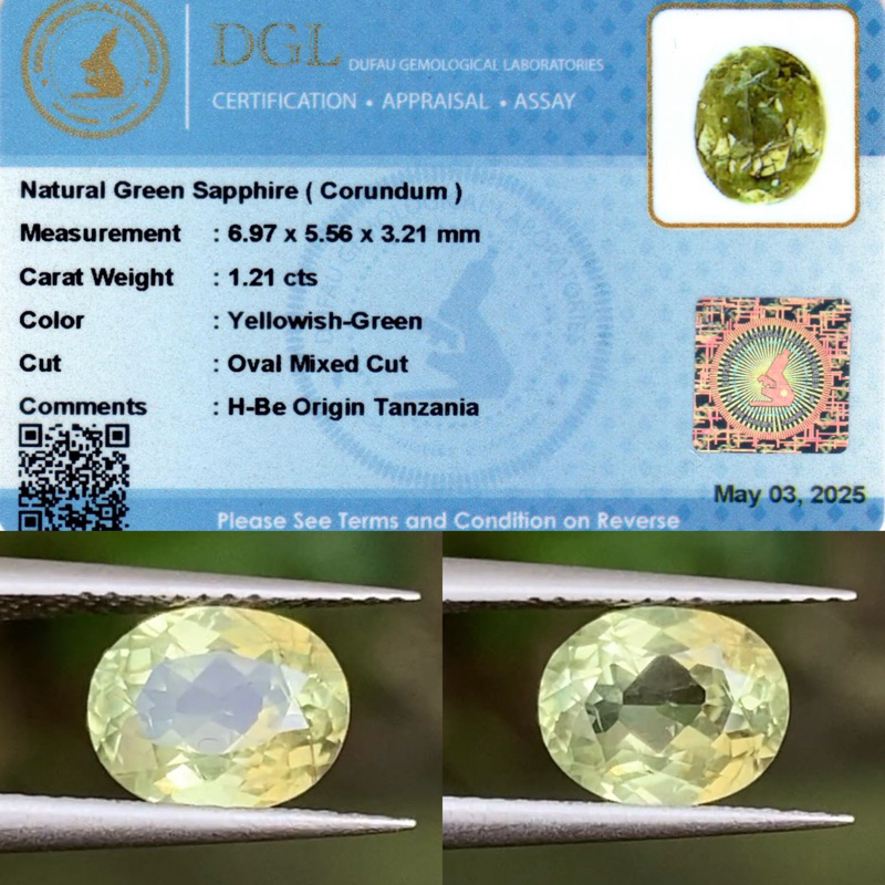 1,21 cts Natural yellowish green Sapphire origin Tanzania  Memo DGL
