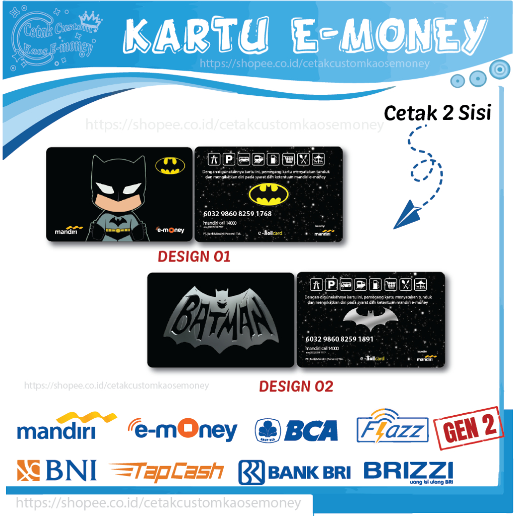 KARTU E MONEY E TOLL GAMBAR KUMPULAN SUPERHERO BATMAN MANDIRI EMONEY BNI BRI BCA - 2 SISI