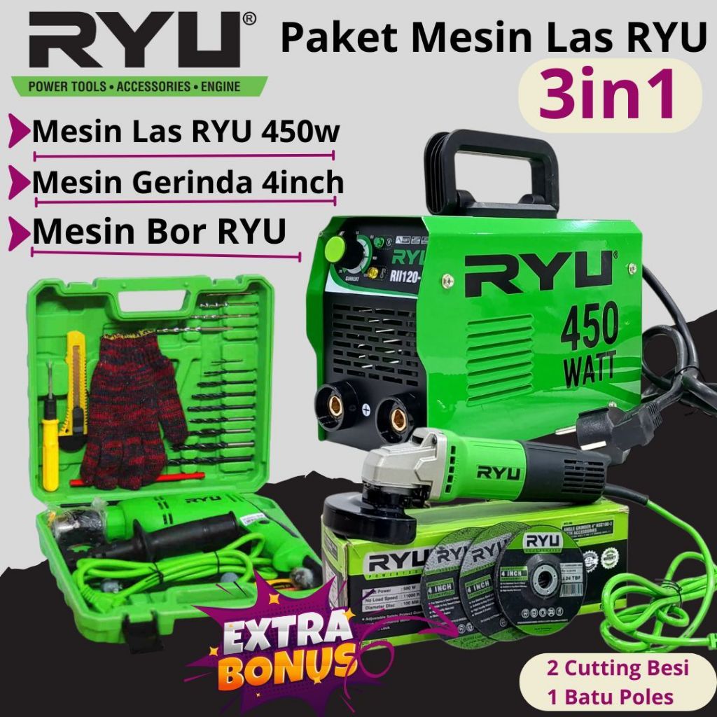 PAKET LENGKAP RYU Mesin Las 450 Watt 120a Bor Koper Gerinda Tangan 4 inch Mesin Trafo Travo Las