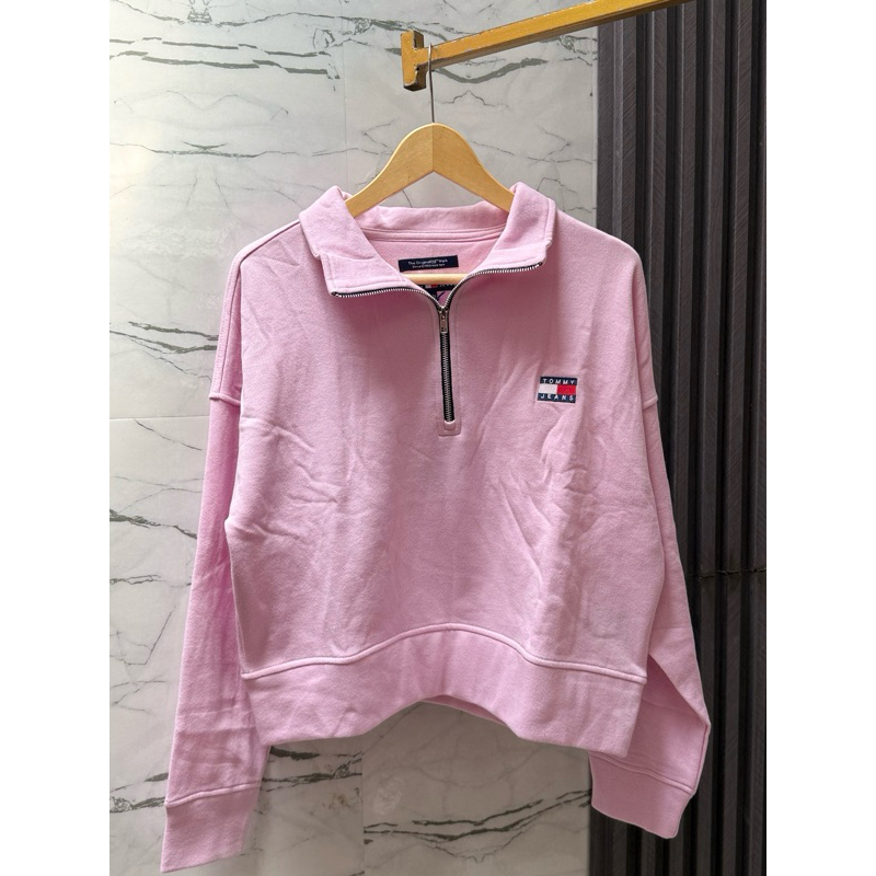 Sweater Tommy Jeans Setengah Ritsleting Warna Pink Pastel