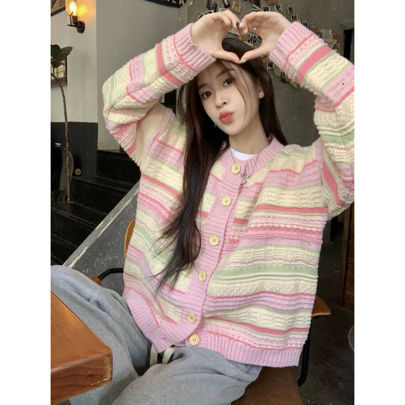 Tshirtgiants Cardigan Rajut Pelangi Jumbo Model 8737 - Outer Knit Rainbow Stripe - Wanita, Motif, Ba