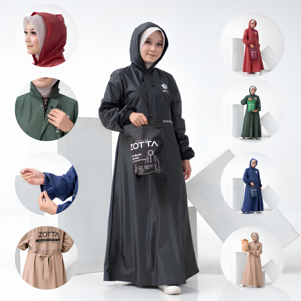 ZOTTA Jas Hujan Gamis Wanita Muslimah Mantel Hujan Syari Berhijab Model Jubah Tebal Anti Rembes