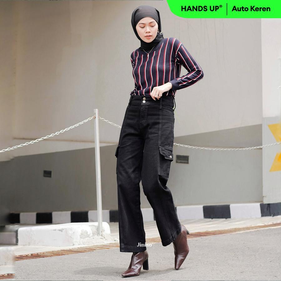 JINISO HANDS UP - 406 Cargo Loose Highwaist Celana Jeans Wanita Warna Black