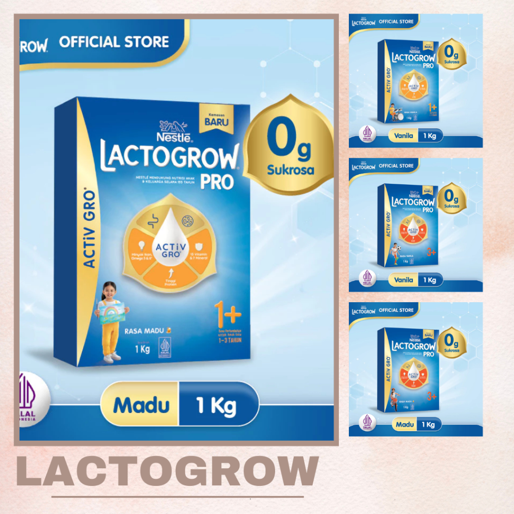 Nestle LACTOGROW PRO 1+ / LACTOGROW 3+ dengan ACTiVGRO Susu Vanila / Madu Box - 1000g [1-3 tahun] 1k