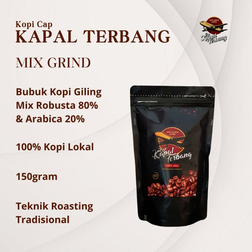 

Kopi Bubuk Mix Robusta 80% & Arabica 20% – Kapal Terbang | 150gr | Gilingan Halus / Medium / Kasar