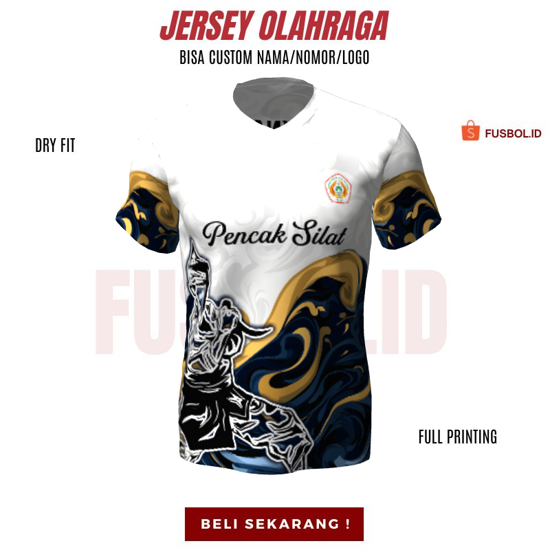 Kaos Jersey Pencak Silat Putih Navy Gold Motif Abstrak 376 - Baju Jersey Bela Diri Custom