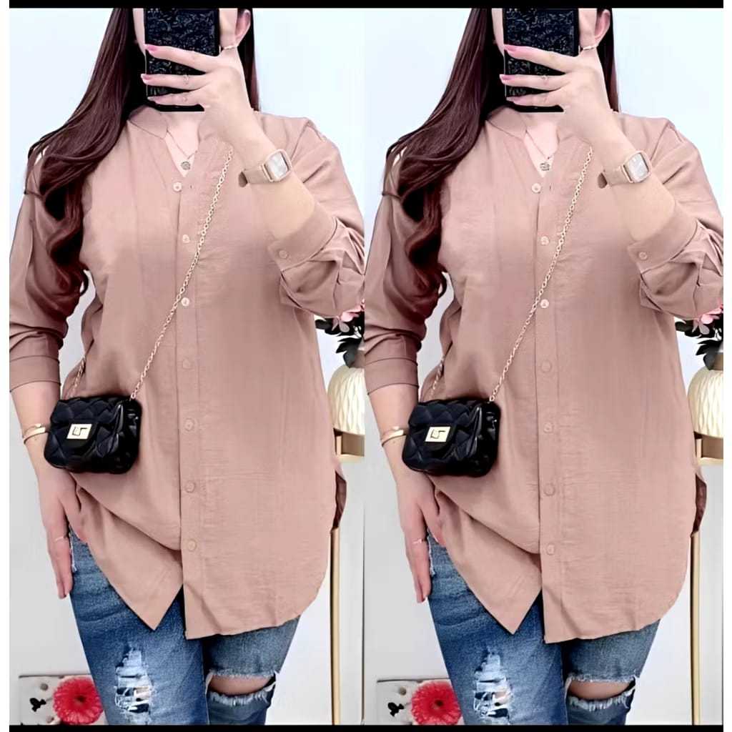 Kemeja Wanita lengan kancing Kerah Sanghai  - Blouse Crinkle Basic Polos - Kancing Hidup / Blouse Ke
