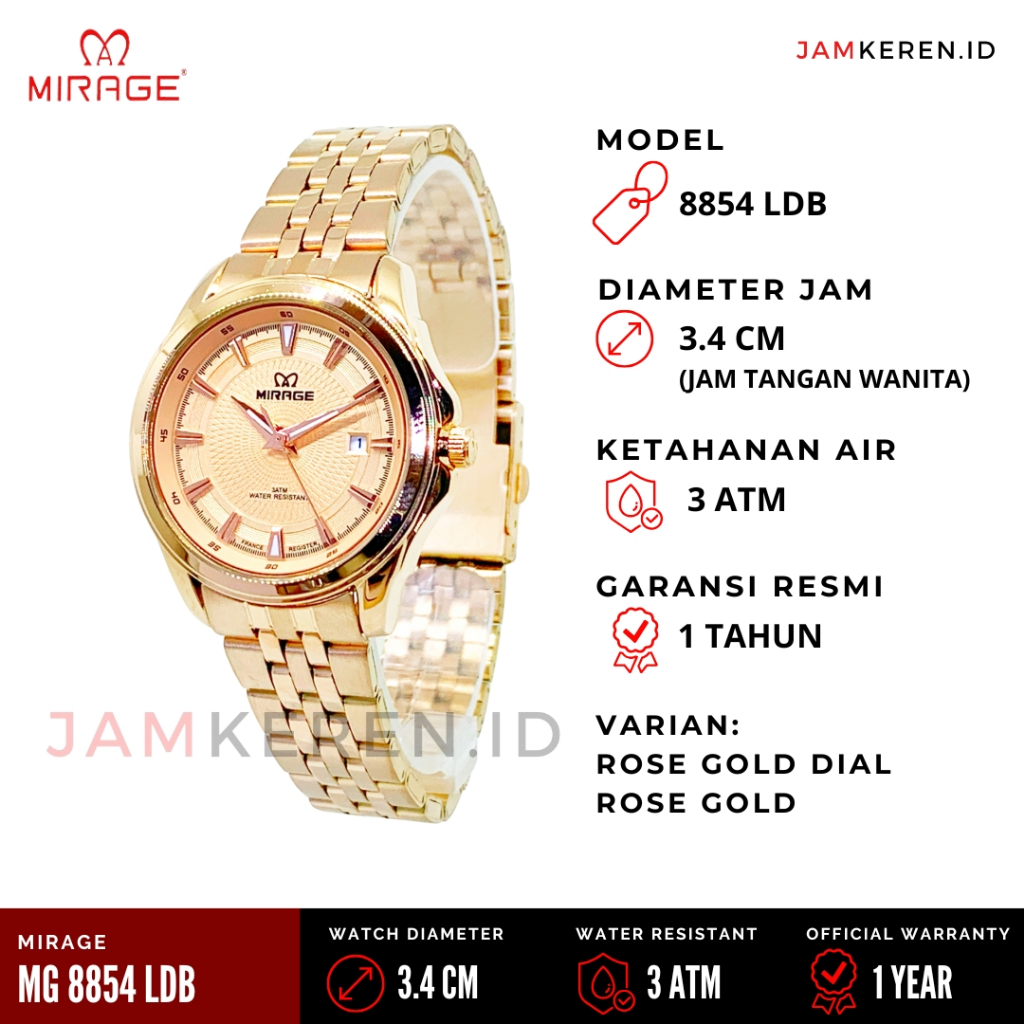 Mirage - Jam Wanita Elegan Mewah - Jam Tangan Mirage Wanita - 8854 LD Original 100% Anti Air