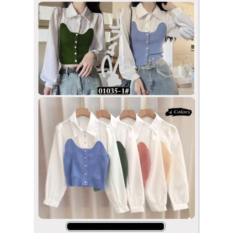 Atasan blouse kemeja ini terbuat dari bahan katun yang dikombinasikan dengan rajutan yang lembut dan